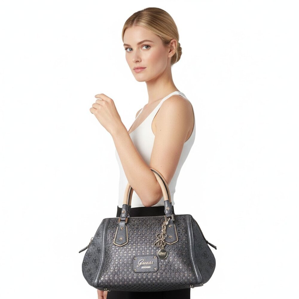 Guess Park Lane Satchel Handbag Pewter Grey Laser Cut Logo Doctor Bag Purse